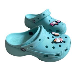 Crocs Classic Platform Clogs Girls Size 4 EU 36 Aqua Blue With Charms